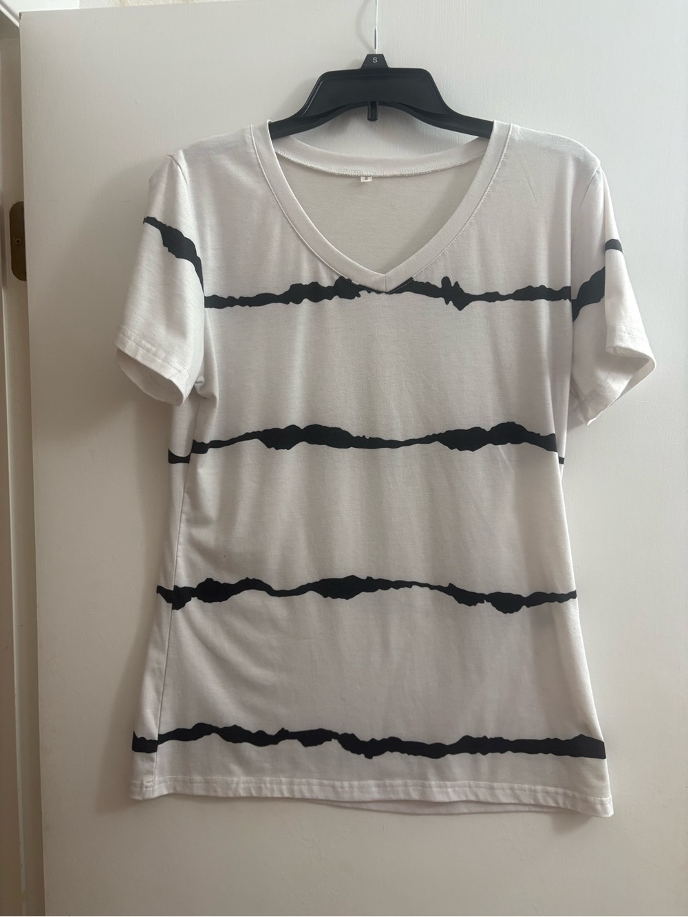Women's White V-Neck Tee with Black Stripe Detail